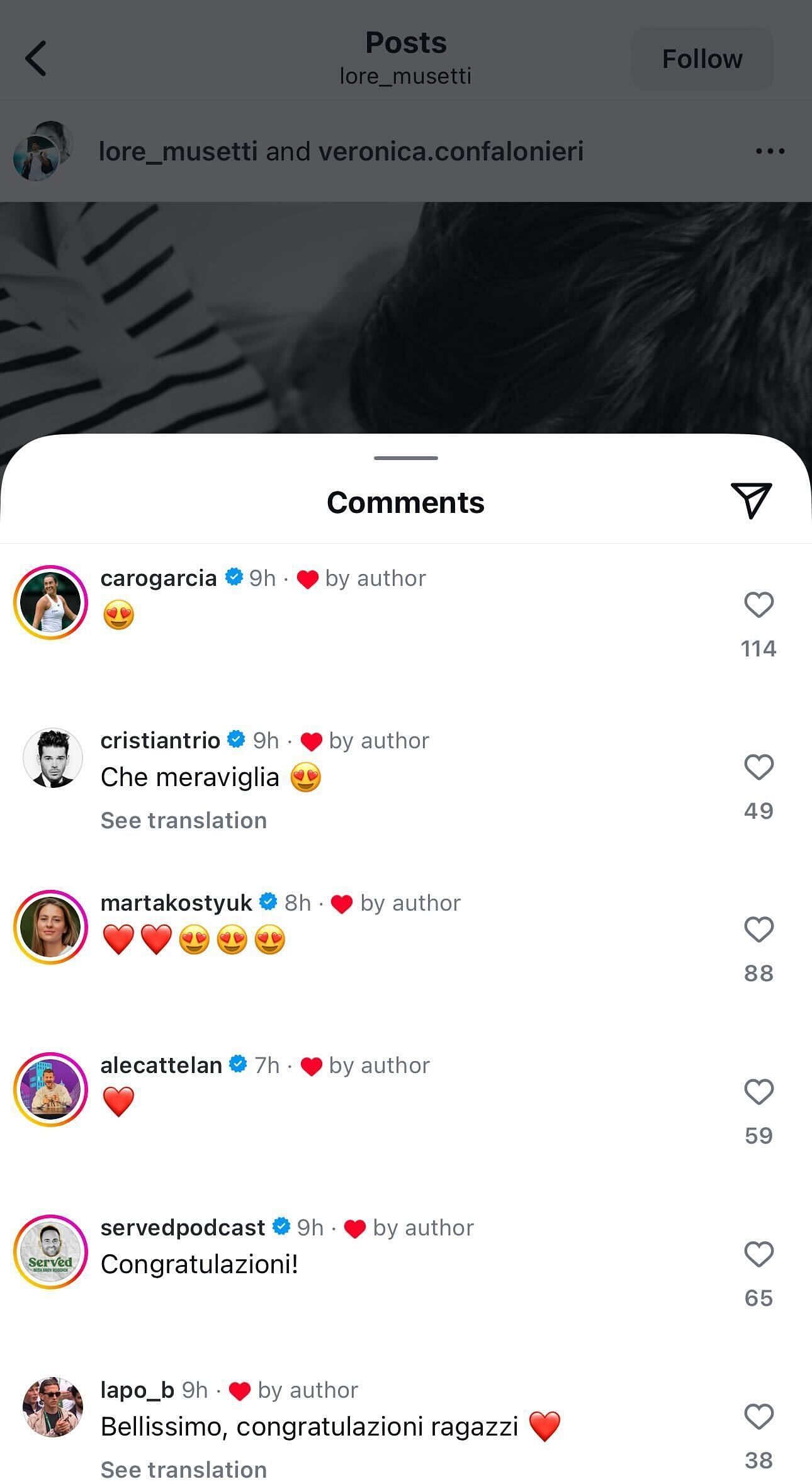 More reactions from the tennis world to Musetti's girlfriend Veronica's second pregnancy (Source: Instagram/lore_musetti)